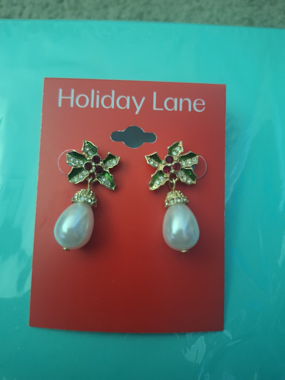 Holiday Lane Gold-Tone Poinsettia Pearl Drop Earrings in Red & Green